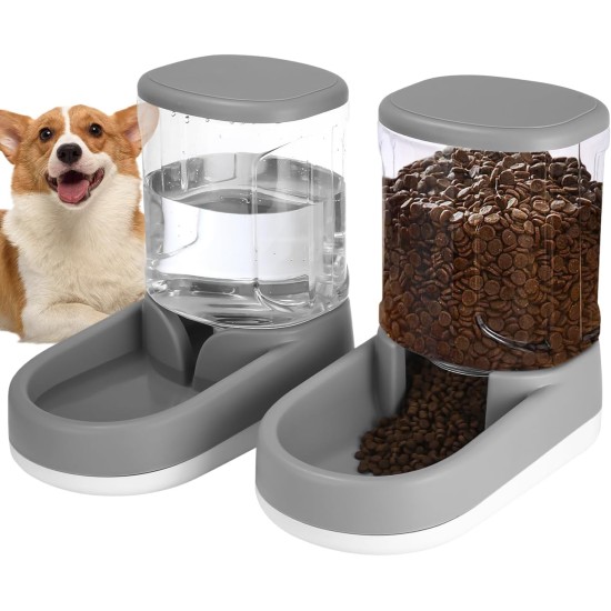 Automatic Food and Water Dispenser for Dogs, Cats, Feeders and Water Dispensers, 2 x 3.8 L, Feeder for Small, Medium and Large Pets, Puppies, Kittens, Grey