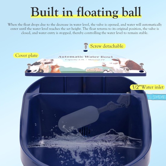 Automatic Water Bowl for Dogs with Adjustable 1/2 Inch Float Valve, Plastic Drinking Fountain for Sheep, Goats, Calves, Dogs, Blue Automatic Water Bowl for Dogs with Adjustable 1/2 Inch Float Valve, Plastic Drinking Fountain for Sheep, Goats, Calves, Dogs, Blue