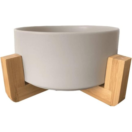 [BW] Dog Bowl, Cat Bowl, Ceramic, Bowl with Bamboo Holder, Animal Bowl 850 ml, Ceramic Bowl for Dogs and Cats, Bamboo Stand, Dogs and Cats (Grey)