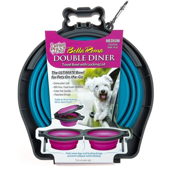 Bella Roma Travel Double Dog Feeder Medium Travel Double Diner, Blue Bella Roma Travel Double Dog Feeder Medium Travel Double Diner, Blue