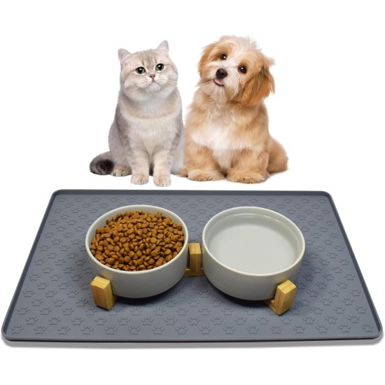 Cat Bowl, Dog Bowl, Ceramic Double Feeding Bowl, Feeding Bowl, Water Bowl with Bamboo Stand and Non-Slip Mat for Cats and Small Dogs (400 ml, 2-Grey) Cat Bowl, Dog Bowl, Ceramic Double Feeding Bowl, Feeding Bowl, Water Bowl with Bamboo Stand and Non-Slip Mat for Cats and Small Dogs (400 ml, 2-Grey)