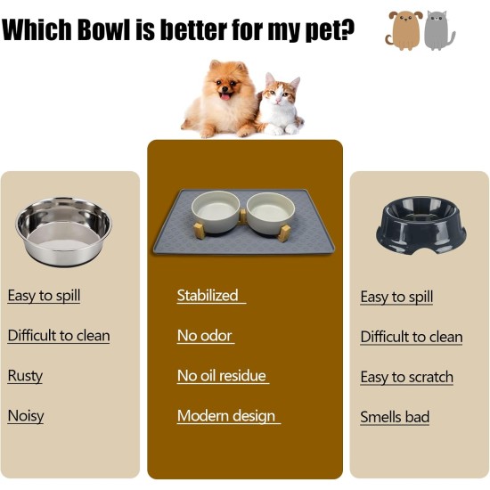 Cat Bowl, Dog Bowl, Ceramic Double Feeding Bowl, Feeding Bowl, Water Bowl with Bamboo Stand and Non-Slip Mat for Cats and Small Dogs (400 ml, 2-Grey) Cat Bowl, Dog Bowl, Ceramic Double Feeding Bowl, Feeding Bowl, Water Bowl with Bamboo Stand and Non-Slip Mat for Cats and Small Dogs (400 ml, 2-Grey)