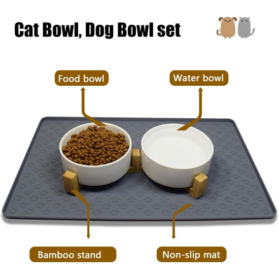 Cat Bowl, Dog Bowl, Ceramic Double Feeding Bowl, Feeding Bowl, Water Bowl with Bamboo Stand and Non-Slip Mat for Cats and Small Dogs (400 ml, 2-Grey) Cat Bowl, Dog Bowl, Ceramic Double Feeding Bowl, Feeding Bowl, Water Bowl with Bamboo Stand and Non-Slip Mat for Cats and Small Dogs (400 ml, 2-Grey)