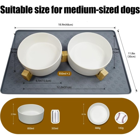 Cat Bowl, Dog Bowl, Ceramic Double Feeding Bowl, Feeding Bowl, Water Bowl with Bamboo Stand and Non-Slip Mat for Cats and Small Dogs (400 ml, 2-Grey) Cat Bowl, Dog Bowl, Ceramic Double Feeding Bowl, Feeding Bowl, Water Bowl with Bamboo Stand and Non-Slip Mat for Cats and Small Dogs (400 ml, 2-Grey)