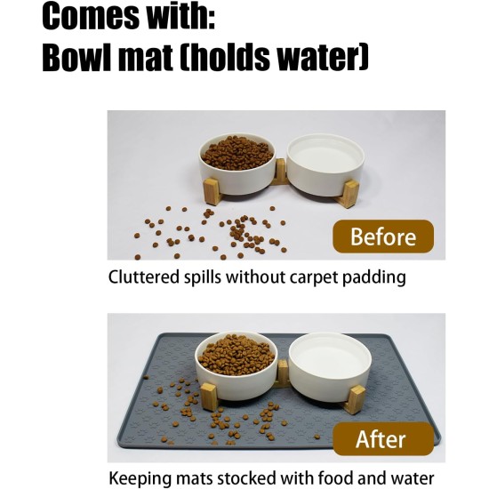 Cat Bowl, Dog Bowl, Ceramic Double Feeding Bowl, Feeding Bowl, Water Bowl with Bamboo Stand and Non-Slip Mat for Cats and Small Dogs (400 ml, 2-Grey) Cat Bowl, Dog Bowl, Ceramic Double Feeding Bowl, Feeding Bowl, Water Bowl with Bamboo Stand and Non-Slip Mat for Cats and Small Dogs (400 ml, 2-Grey)