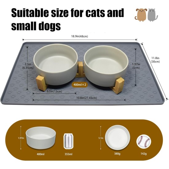 Cat Bowl, Dog Bowl, Ceramic Double Feeding Bowl, Feeding Bowl, Water Bowl with Bamboo Stand and Non-Slip Mat for Cats and Small Dogs (400 ml, 2-Grey) Cat Bowl, Dog Bowl, Ceramic Double Feeding Bowl, Feeding Bowl, Water Bowl with Bamboo Stand and Non-Slip Mat for Cats and Small Dogs (400 ml, 2-Grey)