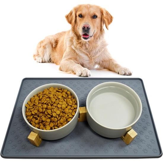Cat Bowl, Dog Bowl, Ceramic Double Feeding Bowl, Feeding Bowl, Water Bowl with Bamboo Stand and Non-Slip Mat for Cats and Small Dogs (400 ml, 2-Grey) Cat Bowl, Dog Bowl, Ceramic Double Feeding Bowl, Feeding Bowl, Water Bowl with Bamboo Stand and Non-Slip Mat for Cats and Small Dogs (400 ml, 2-Grey)