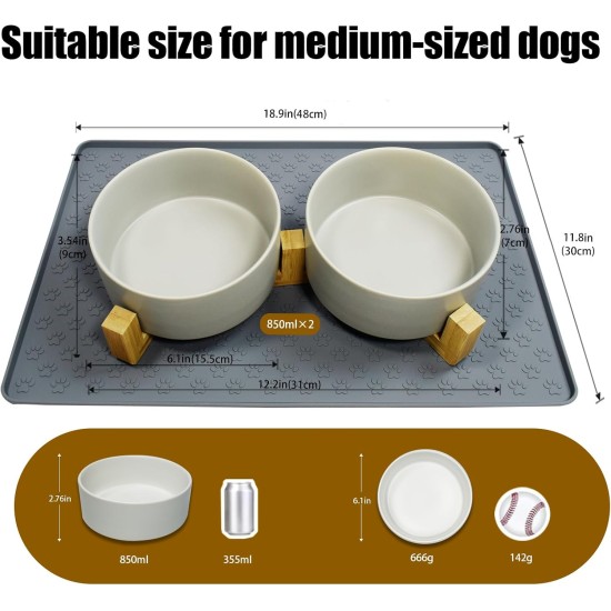 Cat Bowl, Dog Bowl, Ceramic Double Feeding Bowl, Feeding Bowl, Water Bowl with Bamboo Stand and Non-Slip Mat for Cats and Small Dogs (400 ml, 2-Grey) Cat Bowl, Dog Bowl, Ceramic Double Feeding Bowl, Feeding Bowl, Water Bowl with Bamboo Stand and Non-Slip Mat for Cats and Small Dogs (400 ml, 2-Grey)