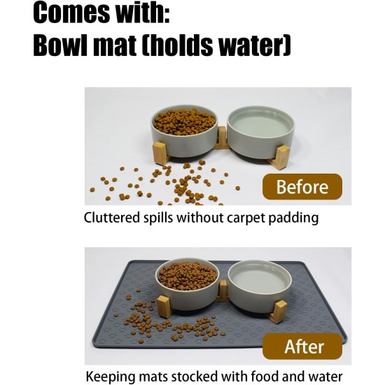 Cat Bowl, Dog Bowl, Ceramic Double Feeding Bowl, Feeding Bowl, Water Bowl with Bamboo Stand and Non-Slip Mat for Cats and Small Dogs (400 ml, 2-Grey) Cat Bowl, Dog Bowl, Ceramic Double Feeding Bowl, Feeding Bowl, Water Bowl with Bamboo Stand and Non-Slip Mat for Cats and Small Dogs (400 ml, 2-Grey)