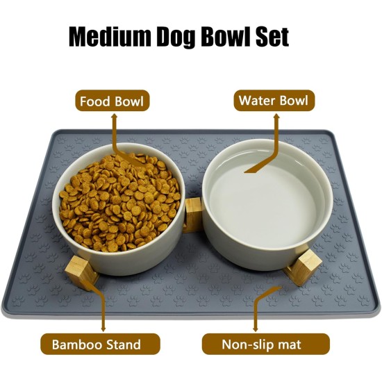 Cat Bowl, Dog Bowl, Ceramic Double Feeding Bowl, Feeding Bowl, Water Bowl with Bamboo Stand and Non-Slip Mat for Cats and Small Dogs (400 ml, 2-Grey) Cat Bowl, Dog Bowl, Ceramic Double Feeding Bowl, Feeding Bowl, Water Bowl with Bamboo Stand and Non-Slip Mat for Cats and Small Dogs (400 ml, 2-Grey)