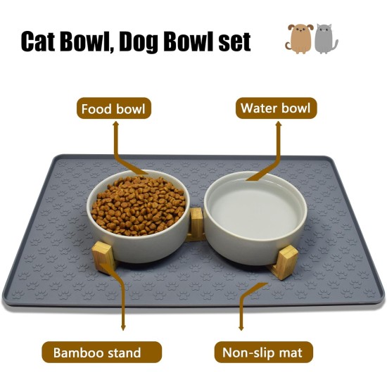 Cat Bowl, Dog Bowl, Ceramic Double Feeding Bowl, Feeding Bowl, Water Bowl with Bamboo Stand and Non-Slip Mat for Cats and Small Dogs (400 ml, 2-Grey) Cat Bowl, Dog Bowl, Ceramic Double Feeding Bowl, Feeding Bowl, Water Bowl with Bamboo Stand and Non-Slip Mat for Cats and Small Dogs (400 ml, 2-Grey)