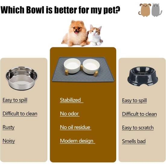 Cat Bowl, Dog Bowl, Ceramic Double Feeding Bowl, Feeding Bowl, Water Bowl with Bamboo Stand and Non-Slip Mat for Cats and Small Dogs (400 ml, 2-Grey) Cat Bowl, Dog Bowl, Ceramic Double Feeding Bowl, Feeding Bowl, Water Bowl with Bamboo Stand and Non-Slip Mat for Cats and Small Dogs (400 ml, 2-Grey)
