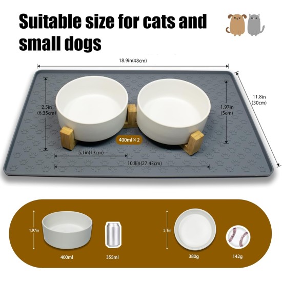 Cat Bowl, Dog Bowl, Ceramic Double Feeding Bowl, Feeding Bowl, Water Bowl with Bamboo Stand and Non-Slip Mat for Cats and Small Dogs (400 ml, 2-Grey) Cat Bowl, Dog Bowl, Ceramic Double Feeding Bowl, Feeding Bowl, Water Bowl with Bamboo Stand and Non-Slip Mat for Cats and Small Dogs (400 ml, 2-Grey)
