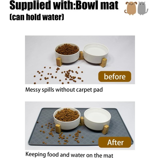 Cat Bowl, Dog Bowl, Ceramic Double Feeding Bowl, Feeding Bowl, Water Bowl with Bamboo Stand and Non-Slip Mat for Cats and Small Dogs (400 ml, 2-Grey) Cat Bowl, Dog Bowl, Ceramic Double Feeding Bowl, Feeding Bowl, Water Bowl with Bamboo Stand and Non-Slip Mat for Cats and Small Dogs (400 ml, 2-Grey)