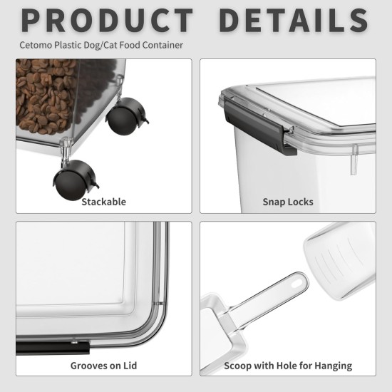 Cetomo 32L x 3 Dog Food Containers, Airtight Food Container with Wheels, Silicone Seal, Snap Closures, Plastic Food Container with Lid for Dogs, Clear, 32L/12kg, Pack of 3 (3 Scoops) Cetomo 32L x 3 Dog Food Containers, Airtight Food Container with Wheels, Silicone Seal, Snap Closures, Plastic Food Container with Lid for Dogs, Clear, 32L/12kg, Pack of 3 (3 Scoops)