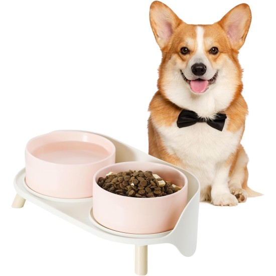 Dog Bowl Set Raised Dog Bowl Set - Double Bowl Dog Ceramic with Splash Guard Stand - Dog Bowls Set of 2 for Food and Water - Feeding Station for Small and Medium Dogs - 2 x 650 ml - Pink