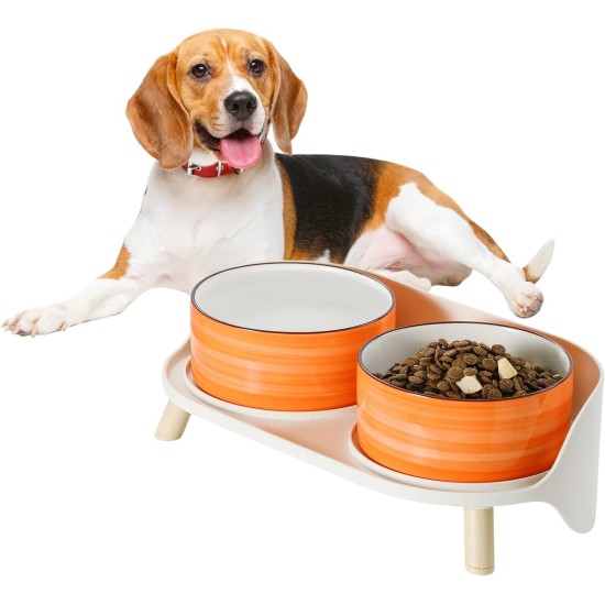 Dog Bowl Set, Raised Dog Bowl Set, Double Ceramic Bowl with Splash Guard Stand, Colourful Spirals Dog Bowls for Food and Water, Ideal for Small to Medium Dogs, 2 x 800 ml, Orange Dog Bowl Set, Raised Dog Bowl Set, Double Ceramic Bowl with Splash Guard Stand, Colourful Spirals Dog Bowls for Food and Water, Ideal for Small to Medium Dogs, 2 x 800 ml, Orange