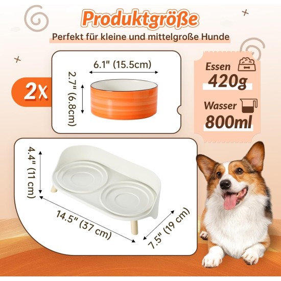 Dog Bowl Set, Raised Dog Bowl Set, Double Ceramic Bowl with Splash Guard Stand, Colourful Spirals Dog Bowls for Food and Water, Ideal for Small to Medium Dogs, 2 x 800 ml, Orange Dog Bowl Set, Raised Dog Bowl Set, Double Ceramic Bowl with Splash Guard Stand, Colourful Spirals Dog Bowls for Food and Water, Ideal for Small to Medium Dogs, 2 x 800 ml, Orange