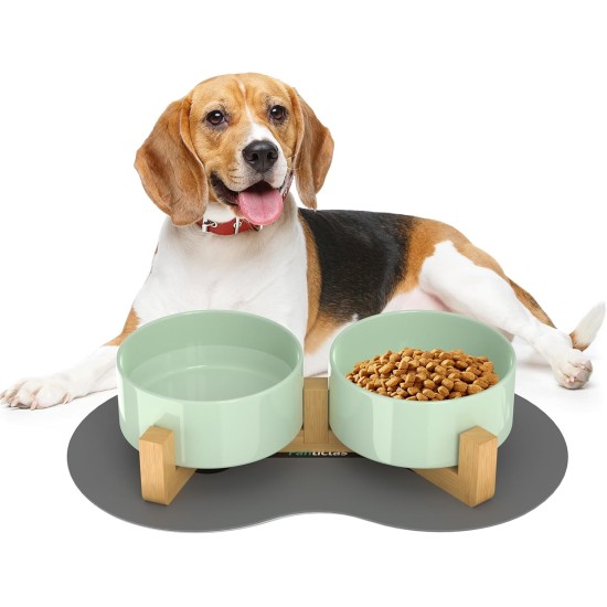 Double 850 ml Dog Bowl, Ceramic Feeding Bowl, Raised Feeding Bowl with Bamboo Stand and Non-Slip Mat for Medium and Large Dogs, Food and Water Bowl (Porcelain Green) Double 850 ml Dog Bowl, Ceramic Feeding Bowl, Raised Feeding Bowl with Bamboo Stand and Non-Slip Mat for Medium and Large Dogs, Food and Water Bowl (Porcelain Green)