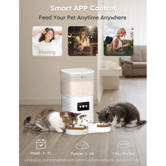 DownyPaws 6L Automatic Cat Feeder with WiFi and Two Stainless Steel Bowls, App Control, 10s Meal Call, 1-15 Meals a Day for Cats and Dogs DownyPaws 6L Automatic Cat Feeder with WiFi and Two Stainless Steel Bowls, App Control, 10s Meal Call, 1-15 Meals a Day for Cats and Dogs