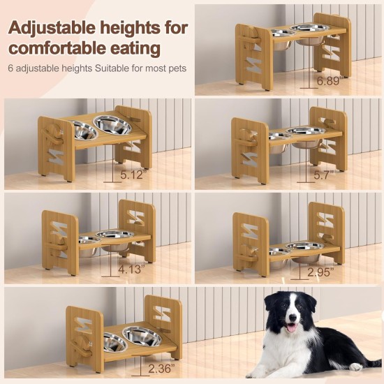 Elevated Dog Bowl, 6 Height Adjustable Dog Bowl Holder, Durable Bamboo Bowl Holder Comes with 2 Stainless Steel Dog Food Bowls, Raised Dog Bowls for Small Dogs and Cats Elevated Dog Bowl, 6 Height Adjustable Dog Bowl Holder, Durable Bamboo Bowl Holder Comes with 2 Stainless Steel Dog Food Bowls, Raised Dog Bowls for Small Dogs and Cats