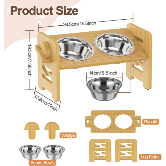 Elevated Dog Bowl, 6 Height Adjustable Dog Bowl Holder, Durable Bamboo Bowl Holder Comes with 2 Stainless Steel Dog Food Bowls, Raised Dog Bowls for Small Dogs and Cats Elevated Dog Bowl, 6 Height Adjustable Dog Bowl Holder, Durable Bamboo Bowl Holder Comes with 2 Stainless Steel Dog Food Bowls, Raised Dog Bowls for Small Dogs and Cats