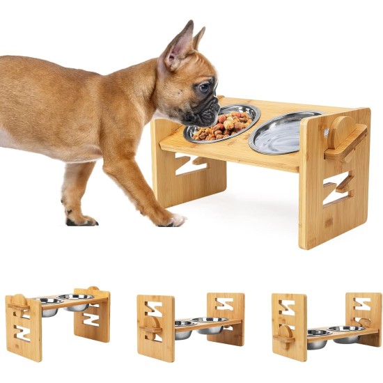 Elevated Dog Bowls Adjustable Raised Tilted Feeder Bowl for French Bulldog Slanted Feeding Bowl for Small Medium Dogs Puppy with Bamboo Stand and 2 Stainless Steel Bowls