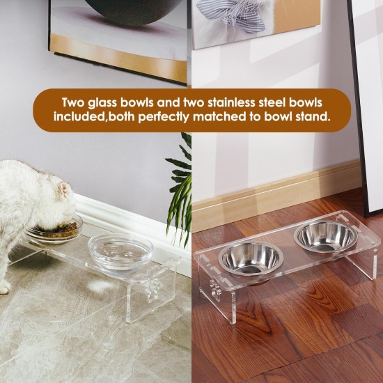 Elevated Set for Dogs and Cats - Acrylic Feeder with 2 Removable Stainless Steel and Glass Bowls, Food and Water Raiser for Small Pets 9.5cm Elevated Set for Dogs and Cats - Acrylic Feeder with 2 Removable Stainless Steel and Glass Bowls, Food and Water Raiser for Small Pets 9.5cm