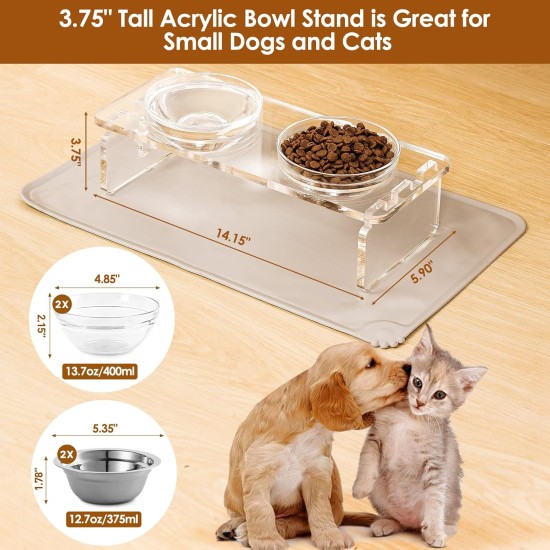 Elevated Set for Dogs and Cats - Acrylic Feeder with 2 Removable Stainless Steel and Glass Bowls, Food and Water Raiser for Small Pets 9.5cm Elevated Set for Dogs and Cats - Acrylic Feeder with 2 Removable Stainless Steel and Glass Bowls, Food and Water Raiser for Small Pets 9.5cm