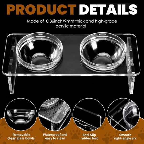 Elevated Set for Dogs and Cats - Acrylic Feeder with 2 Removable Stainless Steel and Glass Bowls, Food and Water Raiser for Small Pets 9.5cm Elevated Set for Dogs and Cats - Acrylic Feeder with 2 Removable Stainless Steel and Glass Bowls, Food and Water Raiser for Small Pets 9.5cm