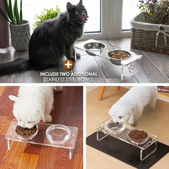 Elevated Set for Dogs and Cats - Acrylic Feeder with 2 Removable Stainless Steel and Glass Bowls, Food and Water Raiser for Small Pets 9.5cm Elevated Set for Dogs and Cats - Acrylic Feeder with 2 Removable Stainless Steel and Glass Bowls, Food and Water Raiser for Small Pets 9.5cm