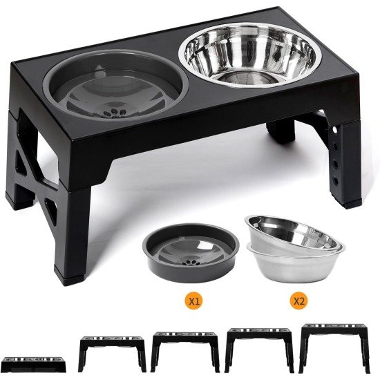 FOREYY Adjustable Elevated Dog Bowls with 2 Stainless Steel Bowls and 1 Float Bowl, Raised Dog Bowl 5 Heights, Non-Slip Dog Food Water Bowl Stand for Small Medium Large Dogs (Black)