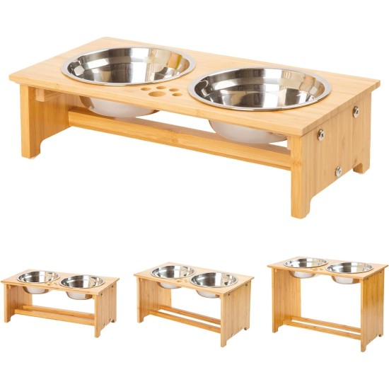 FOREYY Elevated Pet Feeding Bowls for Cats and Small Dogs, Bamboo Raised Food and Water Bowls with 2 Stainless Steel Bowls and Non-Slip Feet(4 Inch High, 20 Ounce Bowl) FOREYY Elevated Pet Feeding Bowls for Cats and Small Dogs, Bamboo Raised Food and Water Bowls with 2 Stainless Steel Bowls and Non-Slip Feet(4 Inch High, 20 Ounce Bowl)