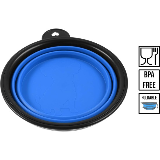 Foldable silicone dog bowl in blue (BPA-free), travel bowl for dogs and cats with carabiner - 350 ml Foldable silicone dog bowl in blue (BPA-free), travel bowl for dogs and cats with carabiner - 350 ml