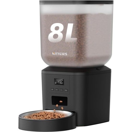 Futterautomat Katze, 8L Katzenfutter Automat, Futterspender für Katzen/Hunde, mit 304 Edelstahl-Schüssel und LCD-Display, Feeder 1-6 Mahlzeiten pro Tag, Bis zu 1-50 Portionen, Einfache Bedienung