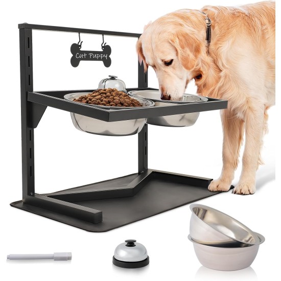 Grand Line Elevated Dog Bowls, 7-Way Height Adjustable, 10° Tilted, Raised Dog Bowl Stand with Leak-proof Mat, Two 1.5L Stainless Steel Dog Bowls for Large, Medium and Small Dogs