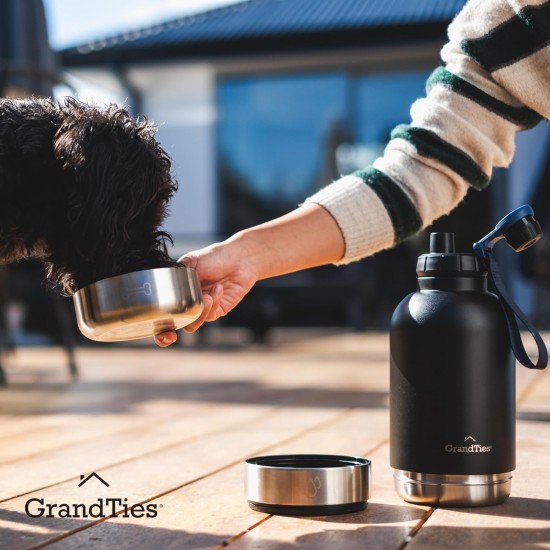 GrandTies Insulated Portable Dog Water Bottle with 2 Removable Dog Bowl Dispenser, Leakproof Dog Food Travel Container, Dog Accessories for Walking, Hiking, Camping (950ml, Matte Black) GrandTies Insulated Portable Dog Water Bottle with 2 Removable Dog Bowl Dispenser, Leakproof Dog Food Travel Container, Dog Accessories for Walking, Hiking, Camping (950ml, Matte Black)