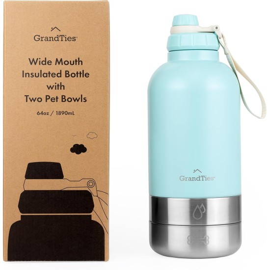 GrandTies Insulated Portable Dog Water Bottle with 2 Removable Dog Water Bowl Dispensers | Leak-proof Dog Food Travel Container | Dog Accessories for Dogs Walking, Hiking, Camping (1.8 Litre) GrandTies Insulated Portable Dog Water Bottle with 2 Removable Dog Water Bowl Dispensers | Leak-proof Dog Food Travel Container | Dog Accessories for Dogs Walking, Hiking, Camping (1.8 Litre)