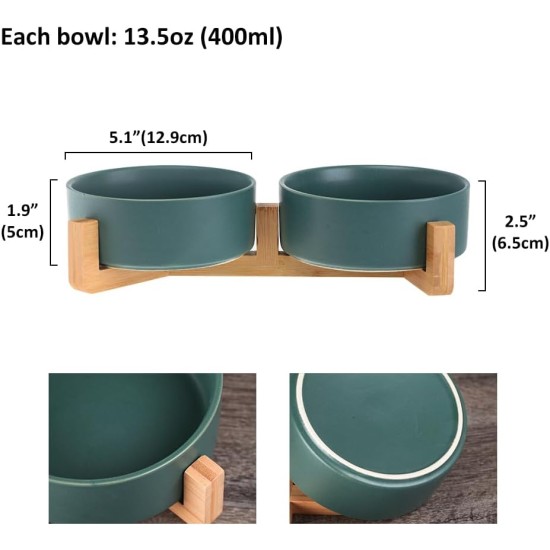 Green Ceramic Dog Bowl, Feeding Bowl for Dogs and Cats with Solid Wood Stand (Pack of 2) Green Ceramic Dog Bowl, Feeding Bowl for Dogs and Cats with Solid Wood Stand (Pack of 2)