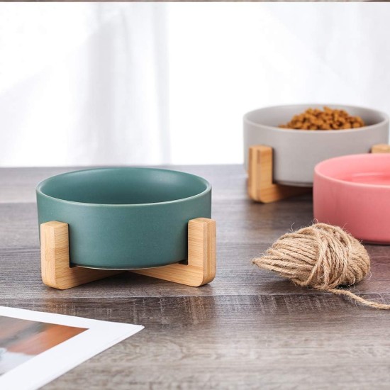 Green Ceramic Dog Bowl, Feeding Bowl for Dogs and Cats with Solid Wood Stand (Pack of 2) Green Ceramic Dog Bowl, Feeding Bowl for Dogs and Cats with Solid Wood Stand (Pack of 2)