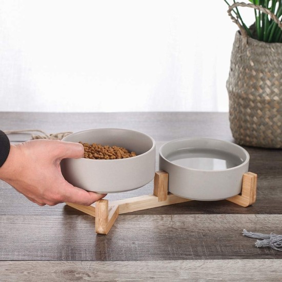 Green Ceramic Dog Bowl, Feeding Bowl for Dogs and Cats with Solid Wood Stand (Pack of 2) Green Ceramic Dog Bowl, Feeding Bowl for Dogs and Cats with Solid Wood Stand (Pack of 2)