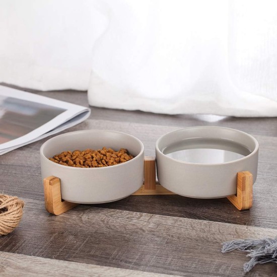 Green Ceramic Dog Bowl, Feeding Bowl for Dogs and Cats with Solid Wood Stand (Pack of 2) Green Ceramic Dog Bowl, Feeding Bowl for Dogs and Cats with Solid Wood Stand (Pack of 2)