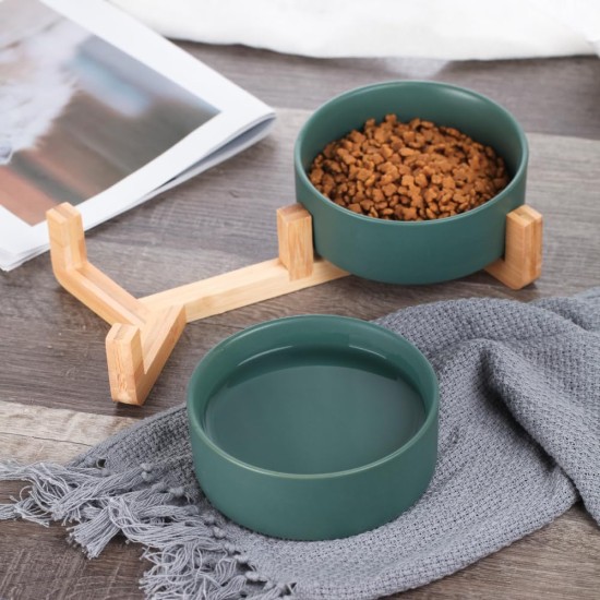 Green Ceramic Dog Bowl, Feeding Bowl for Dogs and Cats with Solid Wood Stand (Pack of 2) Green Ceramic Dog Bowl, Feeding Bowl for Dogs and Cats with Solid Wood Stand (Pack of 2)