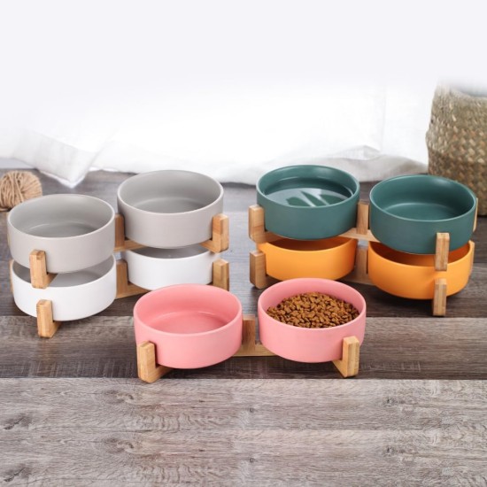 Green Ceramic Dog Bowl, Feeding Bowl for Dogs and Cats with Solid Wood Stand (Pack of 2) Green Ceramic Dog Bowl, Feeding Bowl for Dogs and Cats with Solid Wood Stand (Pack of 2)