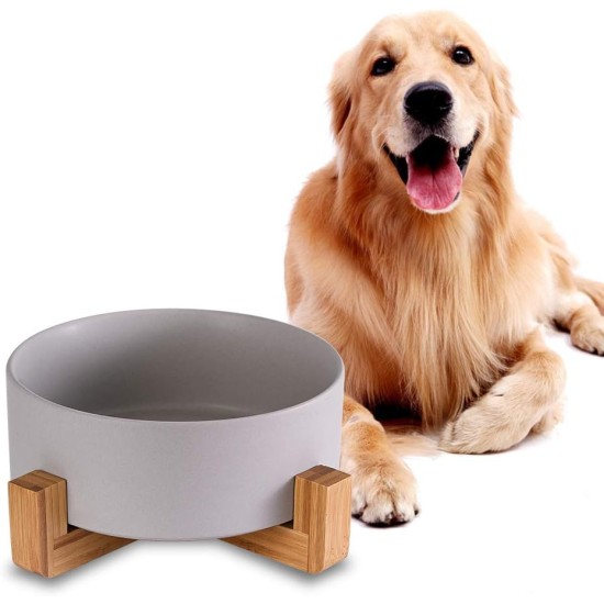 Grey Ceramic Dog Feeding Bowl with Bamboo Stand, Non-Slip, Non-Spill Dog Bowl and Water Bowl, Extra Large Capacity, Pet Feeding Bowl, 1800 ml, Heavy Dog Bowl for Large Dogs Grey Ceramic Dog Feeding Bowl with Bamboo Stand, Non-Slip, Non-Spill Dog Bowl and Water Bowl, Extra Large Capacity, Pet Feeding Bowl, 1800 ml, Heavy Dog Bowl for Large Dogs