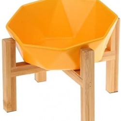 HCHLQLZ Yellow with Stand Ceramic Inclined Angled Cat Bowl Dog Bowl Feeding Bowl Cat Feeding Station Raised Dog Bars for Dogs with Solid Wood Stand