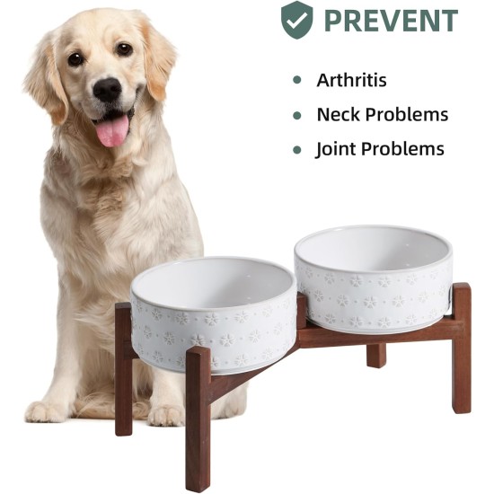 Havniva Ceramic 18.5 cm Raised Double Dog Bowls Set with Acacia Wood Stand, Food & Water Bowls for Medium Breeds Dogs, Weighted Pet Dishes (1300 ml, Arctic White) Havniva Ceramic 18.5 cm Raised Double Dog Bowls Set with Acacia Wood Stand, Food & Water Bowls for Medium Breeds Dogs, Weighted Pet Dishes (1300 ml, Arctic White)