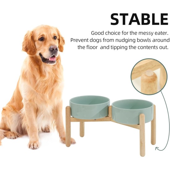 Havniva Ceramic 7.3inch Raised Double Bowls Set with Wooden Stand, Food & Water Bowls for Medium Breed Dogs, Weighted Dog Dishes, Pet Feeder( Light Green) Havniva Ceramic 7.3inch Raised Double Bowls Set with Wooden Stand, Food & Water Bowls for Medium Breed Dogs, Weighted Dog Dishes, Pet Feeder( Light Green)