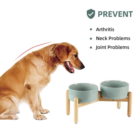 Havniva Ceramic 7.3inch Raised Double Bowls Set with Wooden Stand, Food & Water Bowls for Medium Breed Dogs, Weighted Dog Dishes, Pet Feeder( Light Green) Havniva Ceramic 7.3inch Raised Double Bowls Set with Wooden Stand, Food & Water Bowls for Medium Breed Dogs, Weighted Dog Dishes, Pet Feeder( Light Green)