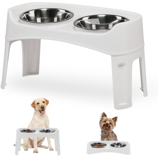 Iris Ohyama, Set of 2 Raised Slow Feeder Bowls, Dog Feeding Bowls, D29 x W54 x H31 cm, Set of 2, Foldable and Digestive Friendly, PEF-L, for Dogs, White